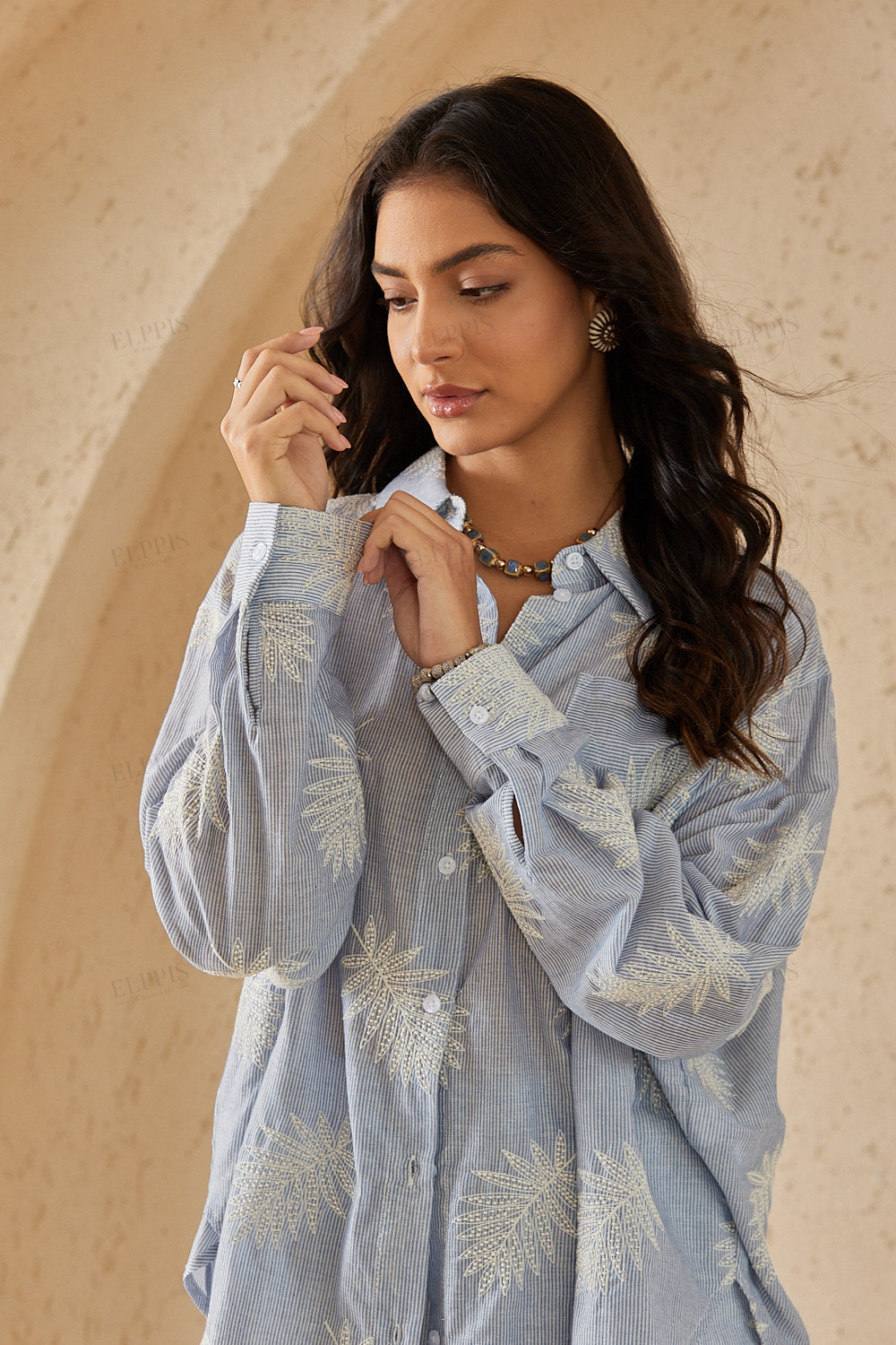 Light Blue Striped Long-Sleeve Shirt with Palm Leaf Embroidery