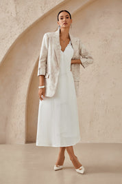 Beige Textured Linen-Blend Blazer with Floral Embroidery