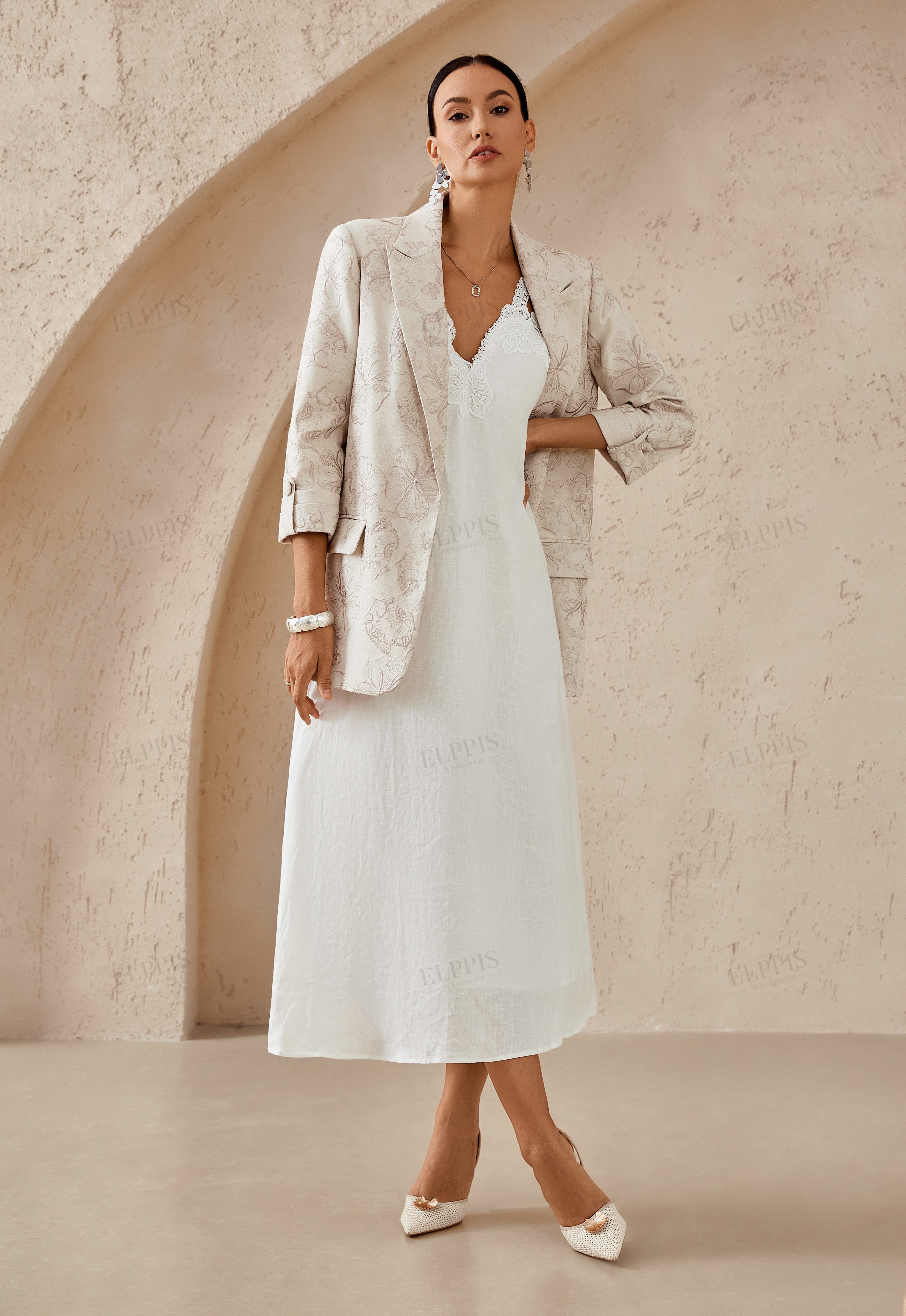 Beige Textured Linen-Blend Blazer with Floral Embroidery