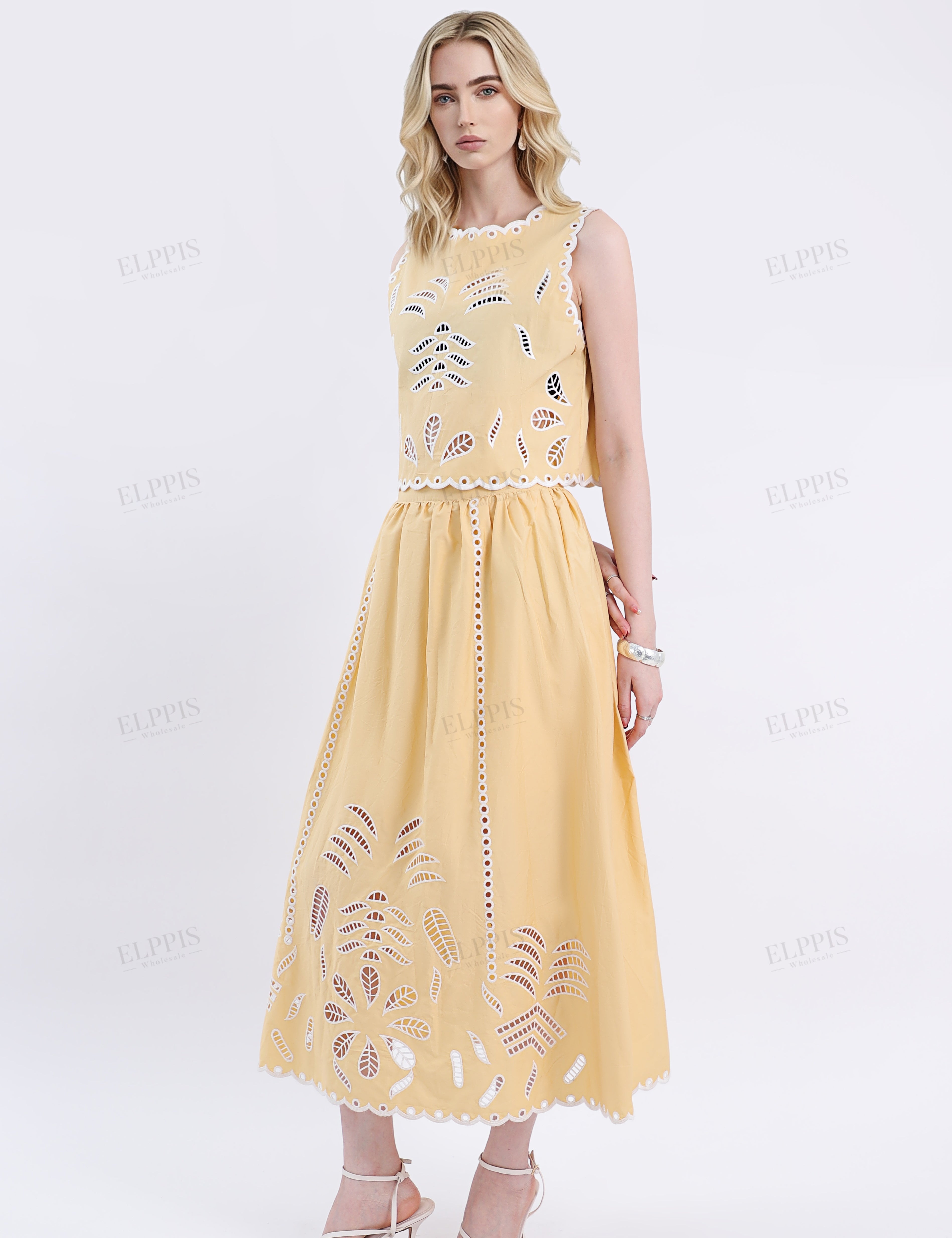 Yellow Maxi Skirt with Leaf Cutouts & Ruffled Trim