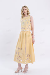 Yellow Maxi Skirt with Leaf Cutouts & Ruffled Trim