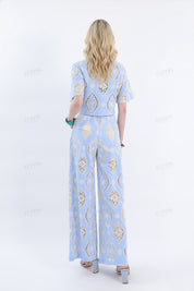 Light Blue Wide-Leg Pants with Cream Lace Embroidery
