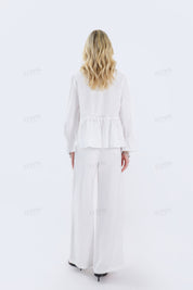 White Woven Blouse with Sequin Embroidery & Peplum Hem