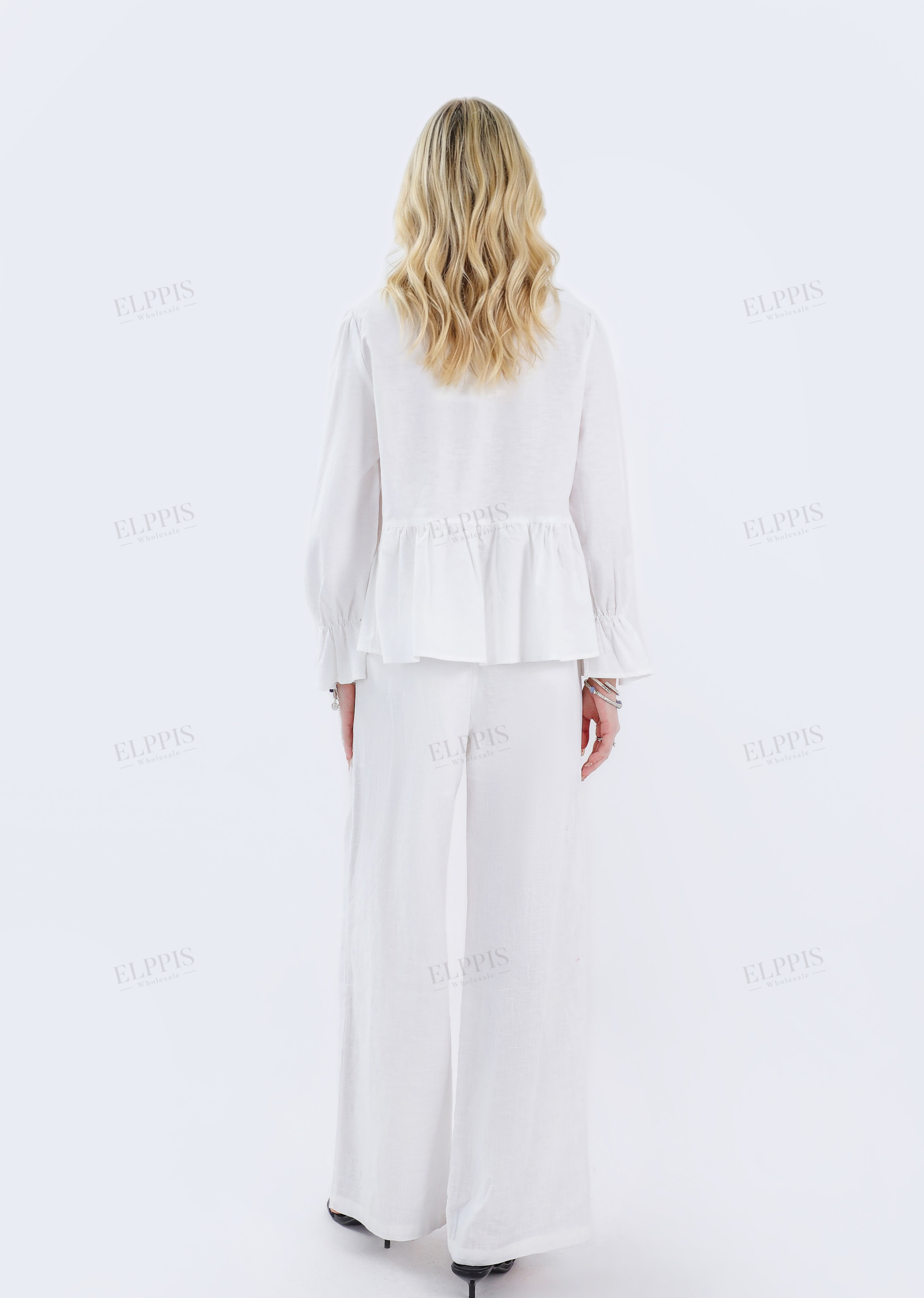 White Woven Blouse with Sequin Embroidery & Peplum Hem