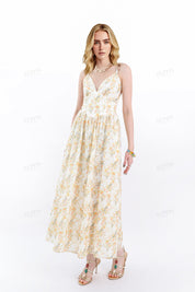 Cream & Yellow Floral Spaghetti Strap Midi Dress