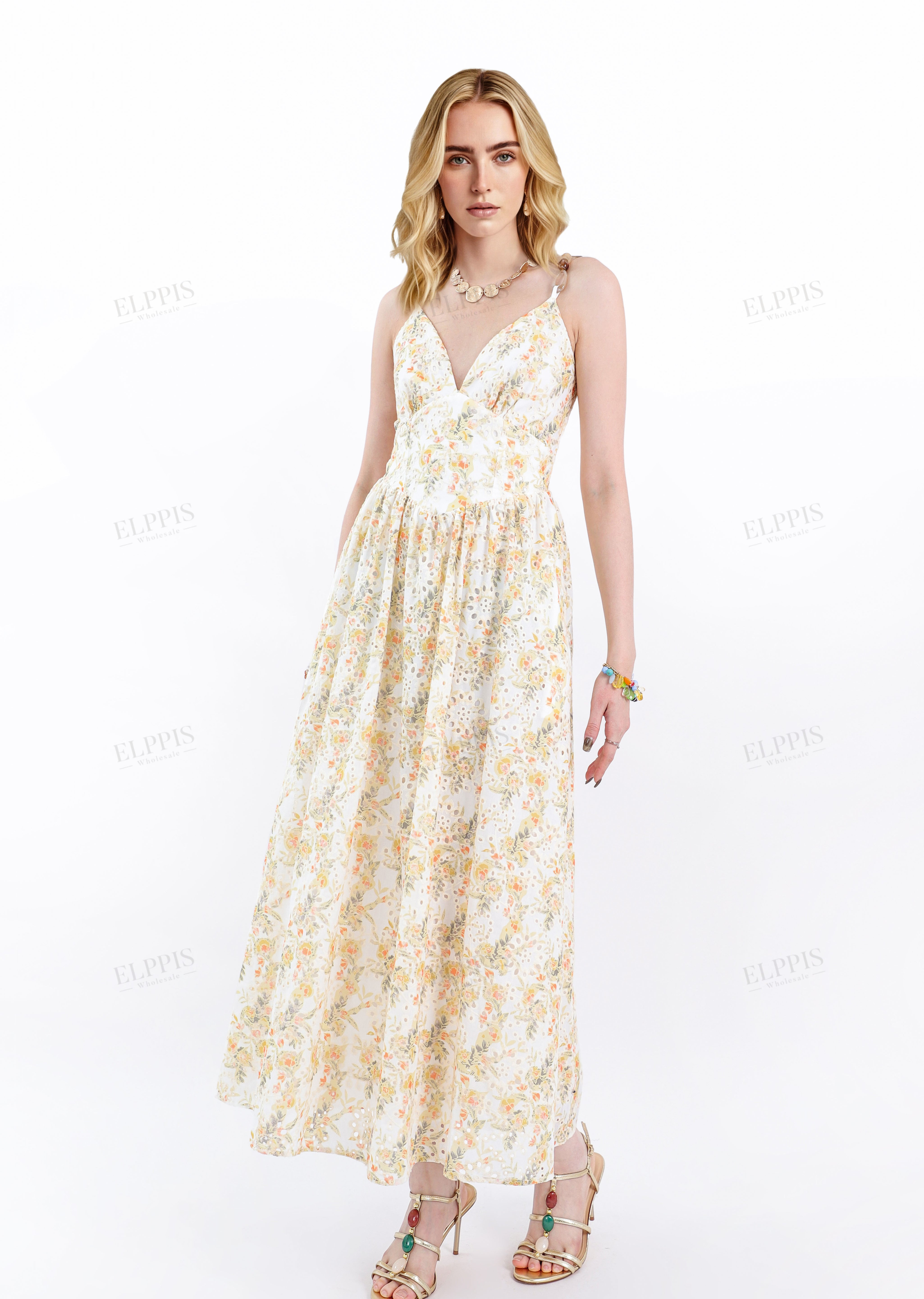 Cream & Yellow Floral Spaghetti Strap Midi Dress