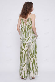 Green Leaf Print Spaghetti Strap Mini Dress with Beaded Trim