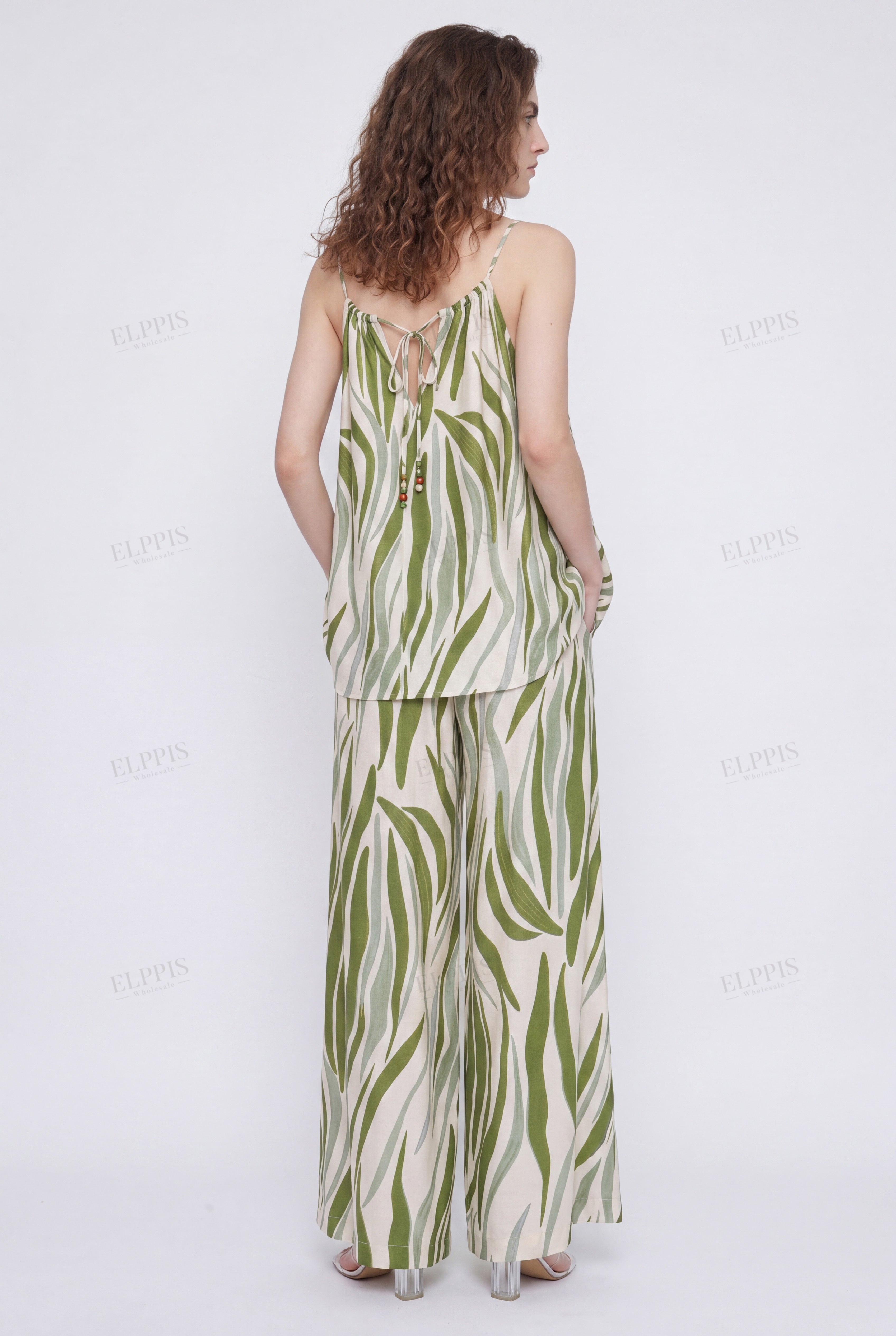 Green Leaf Print Spaghetti Strap Mini Dress with Beaded Trim