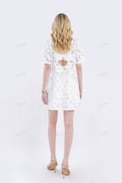 White Floral Lace Short-Sleeve Shift Dress