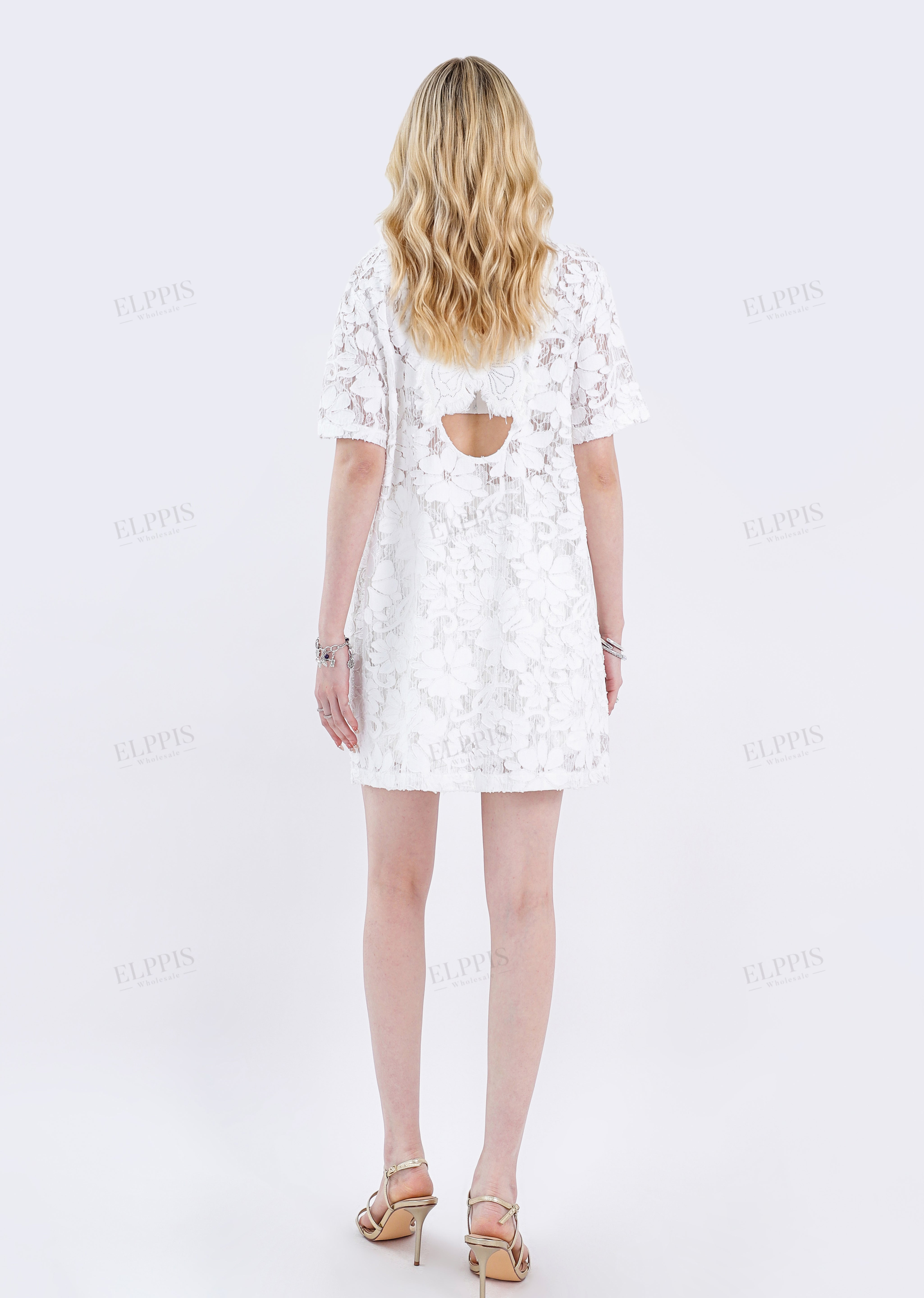 White Floral Lace Short-Sleeve Shift Dress