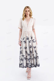 Beige Linen-Blend Midi Dress with Black Palm Tree Print