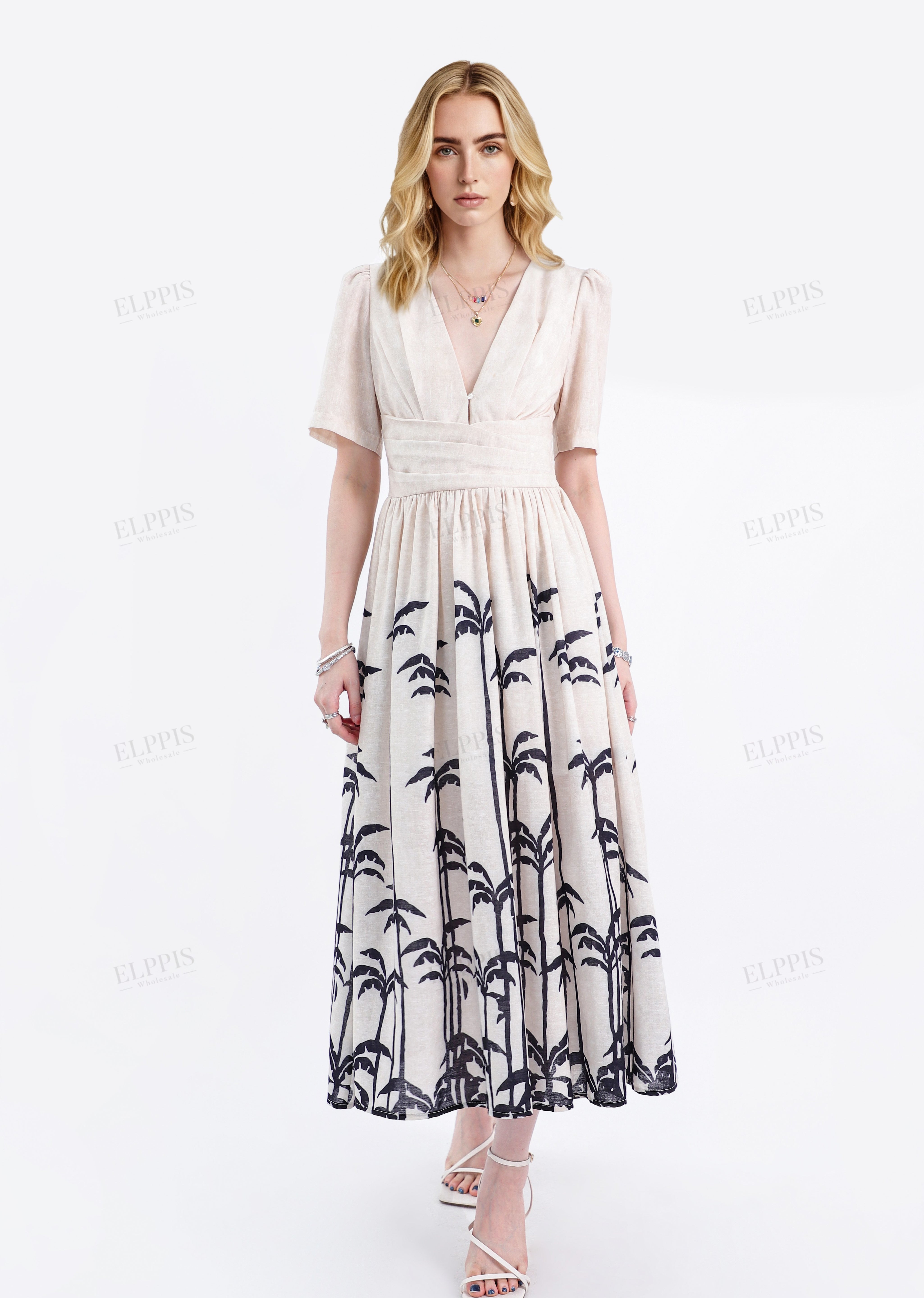 Beige Linen-Blend Midi Dress with Black Palm Tree Print