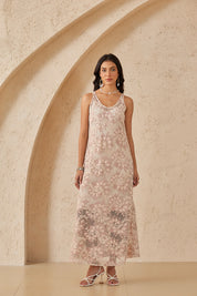 Blush Pink Floral Crochet Lace Sleeveless Midi Dress