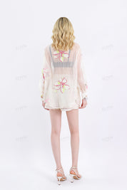 Sheer Pink Floral Embroidered Elastic Waist Shorts