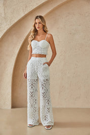White Lace Wide-Leg Trousers with Paisley Pattern
