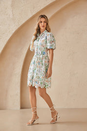 Floral Lace Puff Sleeve Shirt Dress with Belt
