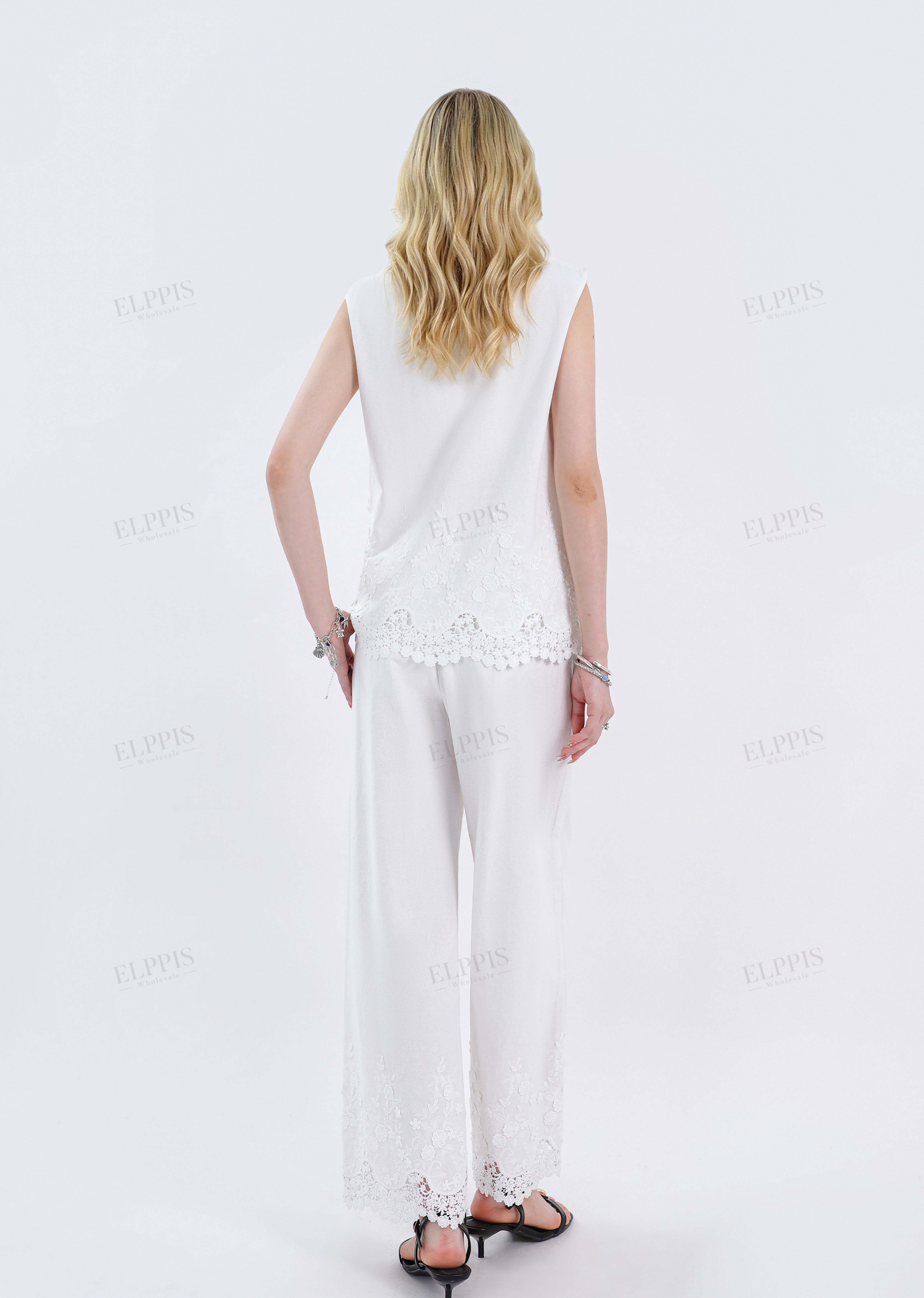 White Wide-Leg Pants with Lace Hem & Drawstring Waist