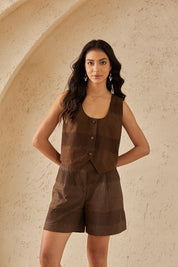 Brown Shorts with Cutwork Lace Panels & Textured Detail