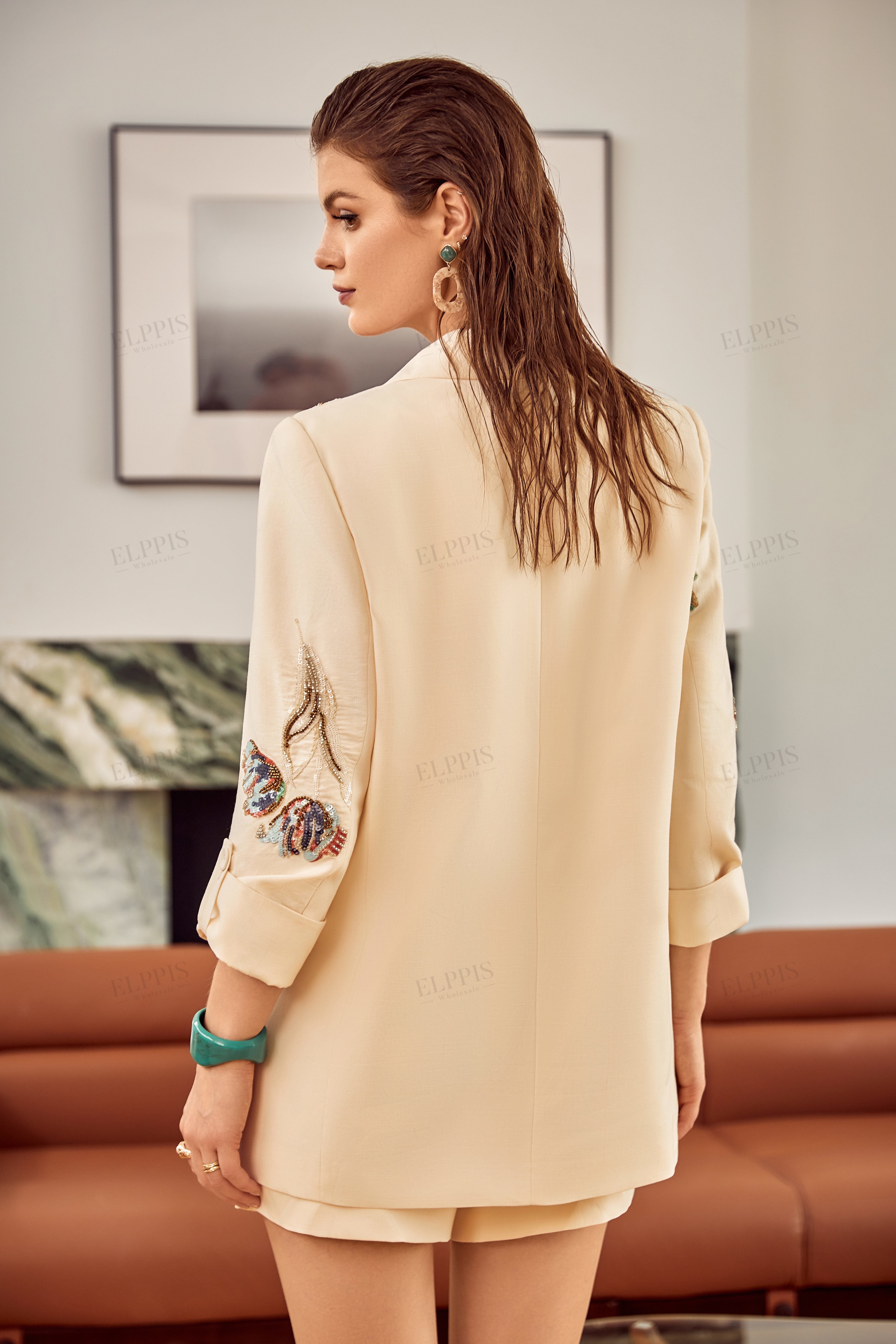 Cream Structured Blazer with Colorful Tulip Sequin Embroidery
