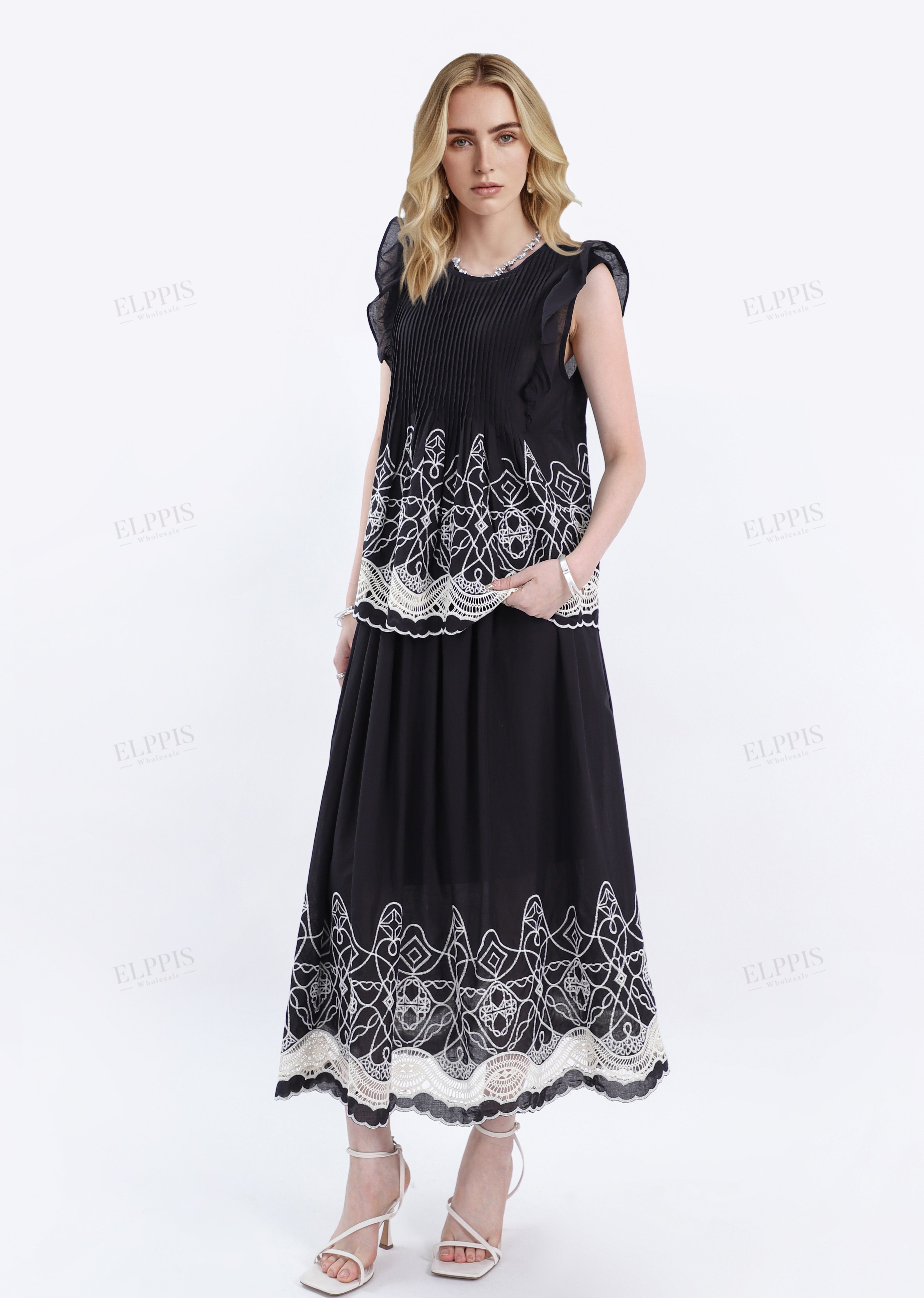 Black Maxi Skirt with White Lace & Patterned Hem Detail