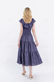 Navy Blue Woven Crop Top with Off-Shoulder Ruffle Detail