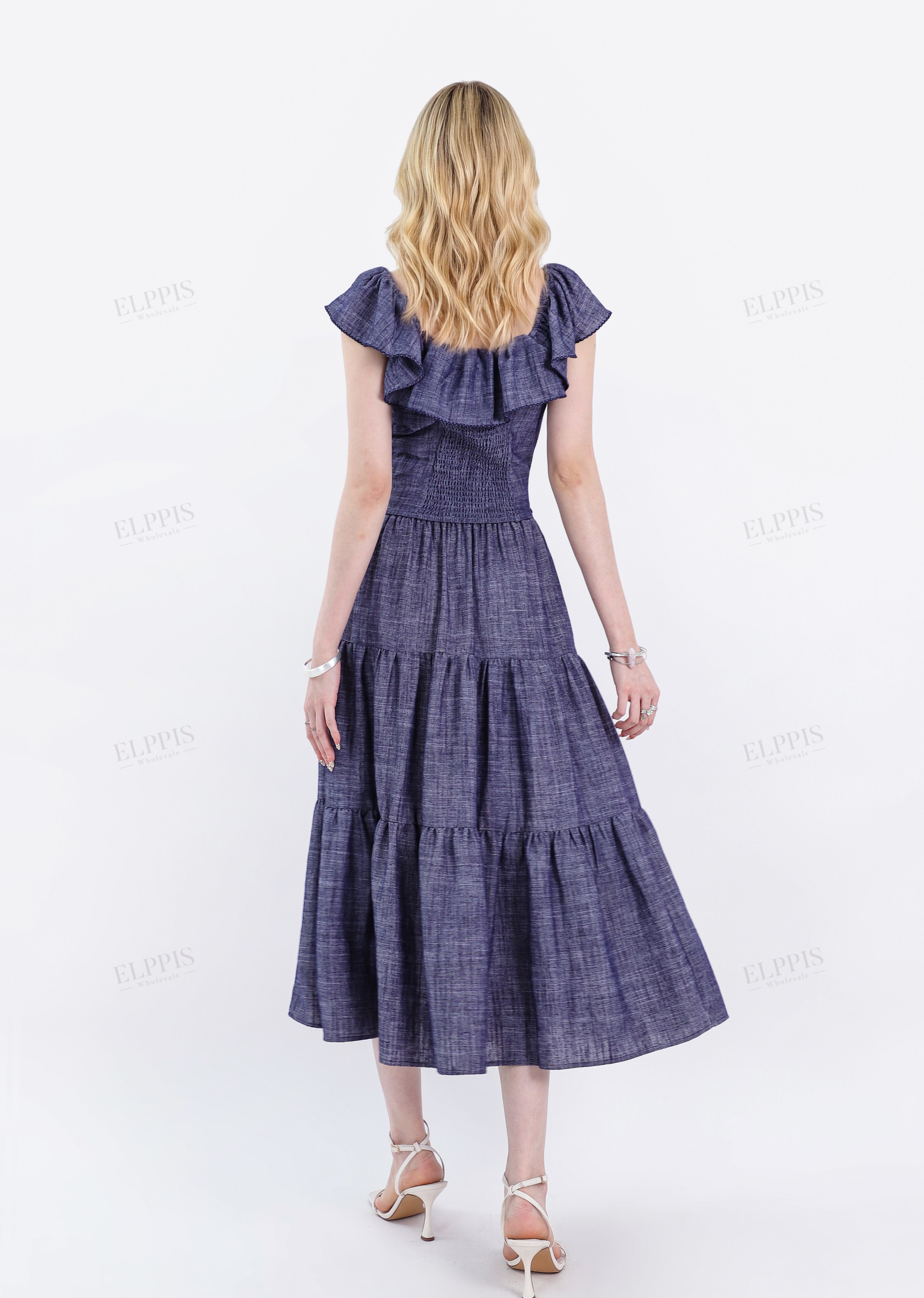 Navy Blue Woven Crop Top with Off-Shoulder Ruffle Detail