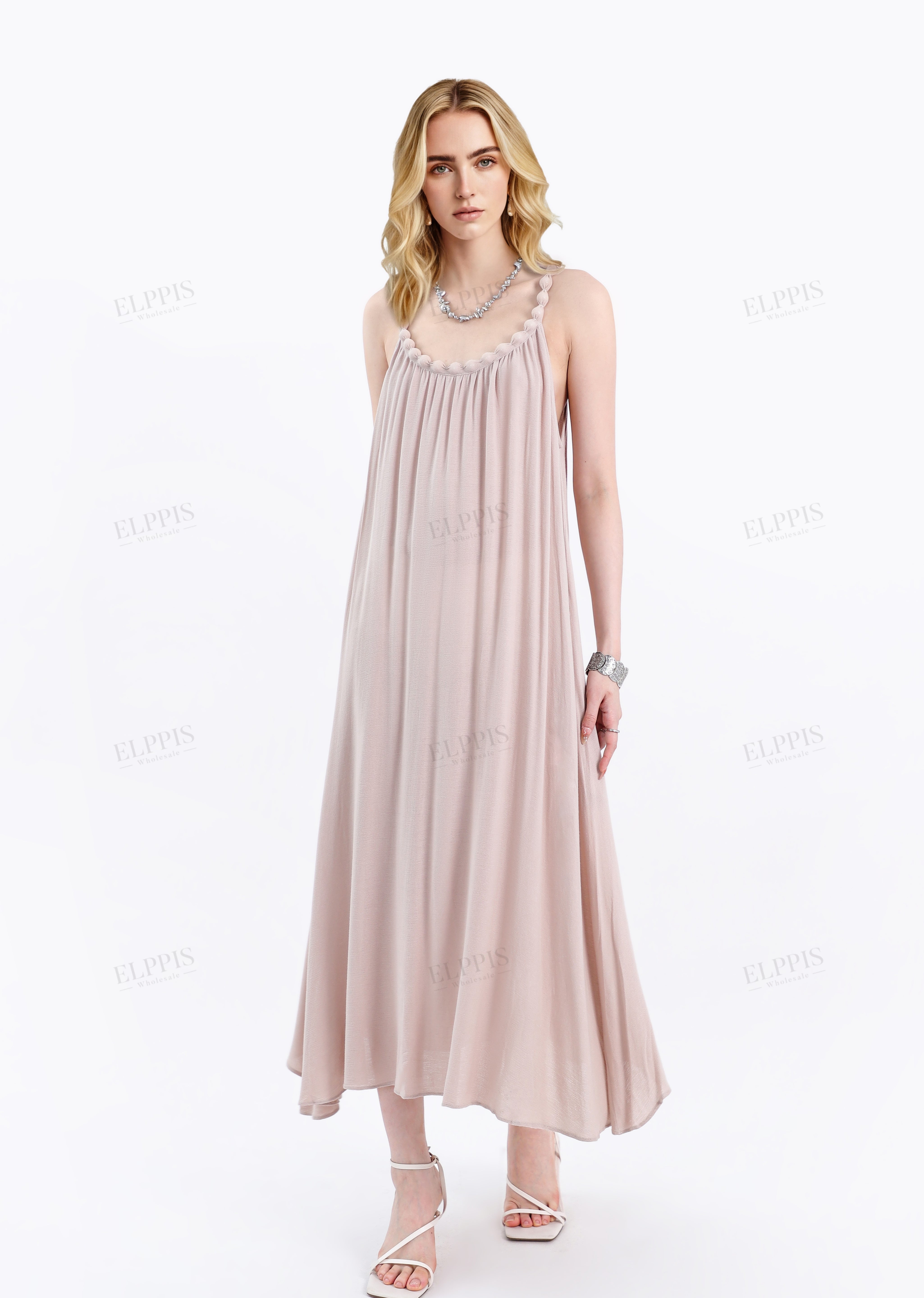 Beige Satin Cami Maxi Dress with Pom-Pom Strap Detail