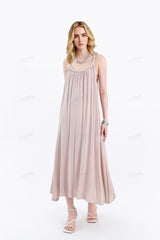 Beige Satin Cami Maxi Dress with Pom-Pom Strap Detail