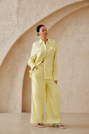 Pale Yellow Linen-Blend Wide-Leg Cropped Pants