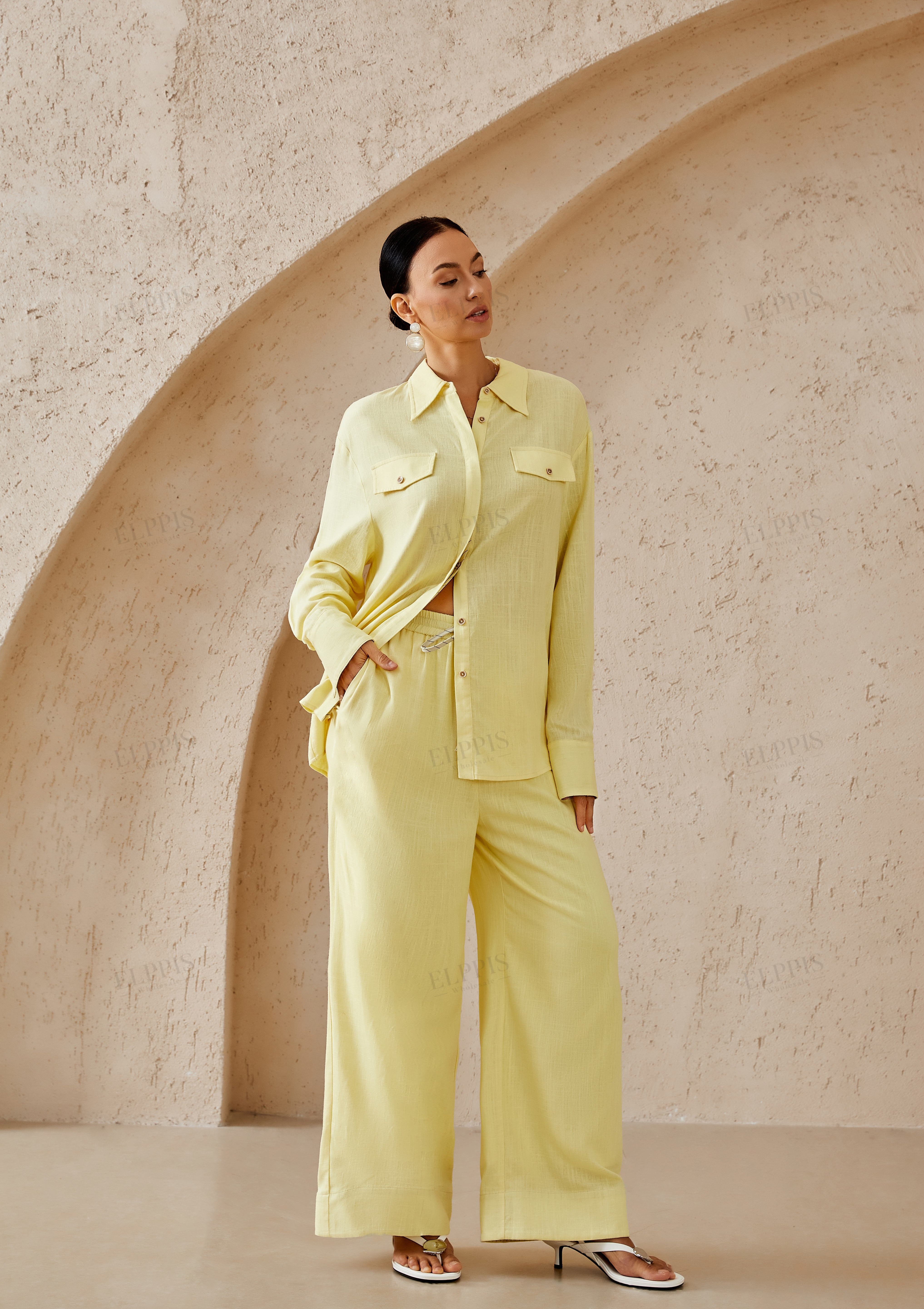 Pale Yellow Linen-Blend Wide-Leg Cropped Pants