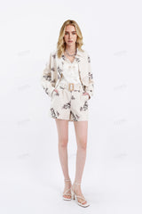 Beige Linen-Cotton Floral Embroidered High-Waisted Shorts