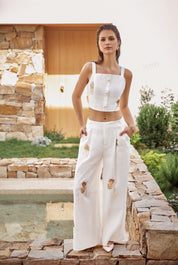 White Linen-Blend Cropped Camisole with Gold Crane Embroidery
