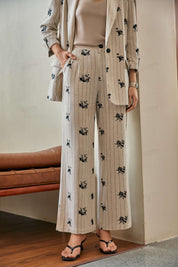 Beige Pinstripe Floral Embroidered Wide-Leg Pants
