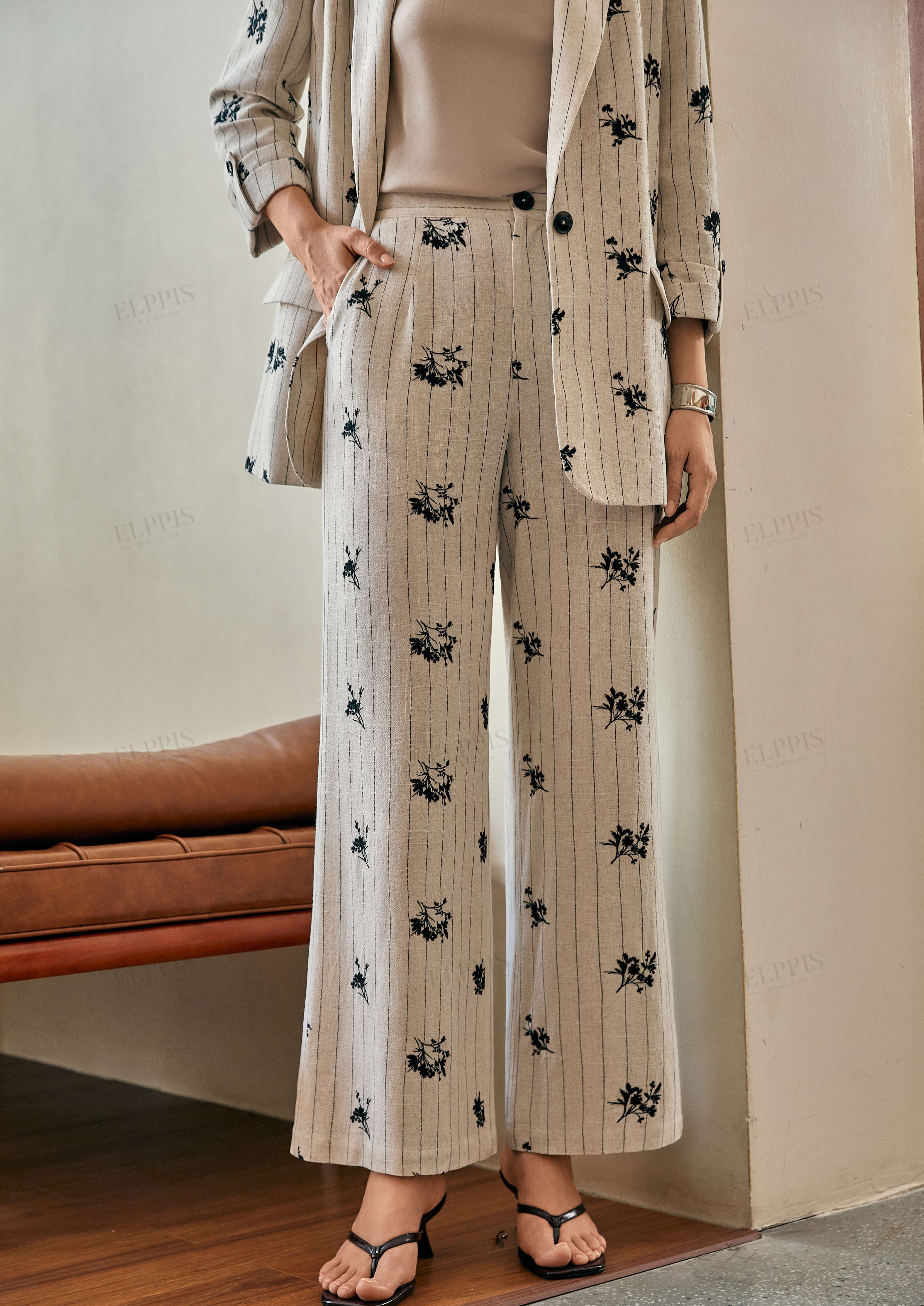 Beige Pinstripe Floral Embroidered Wide-Leg Pants