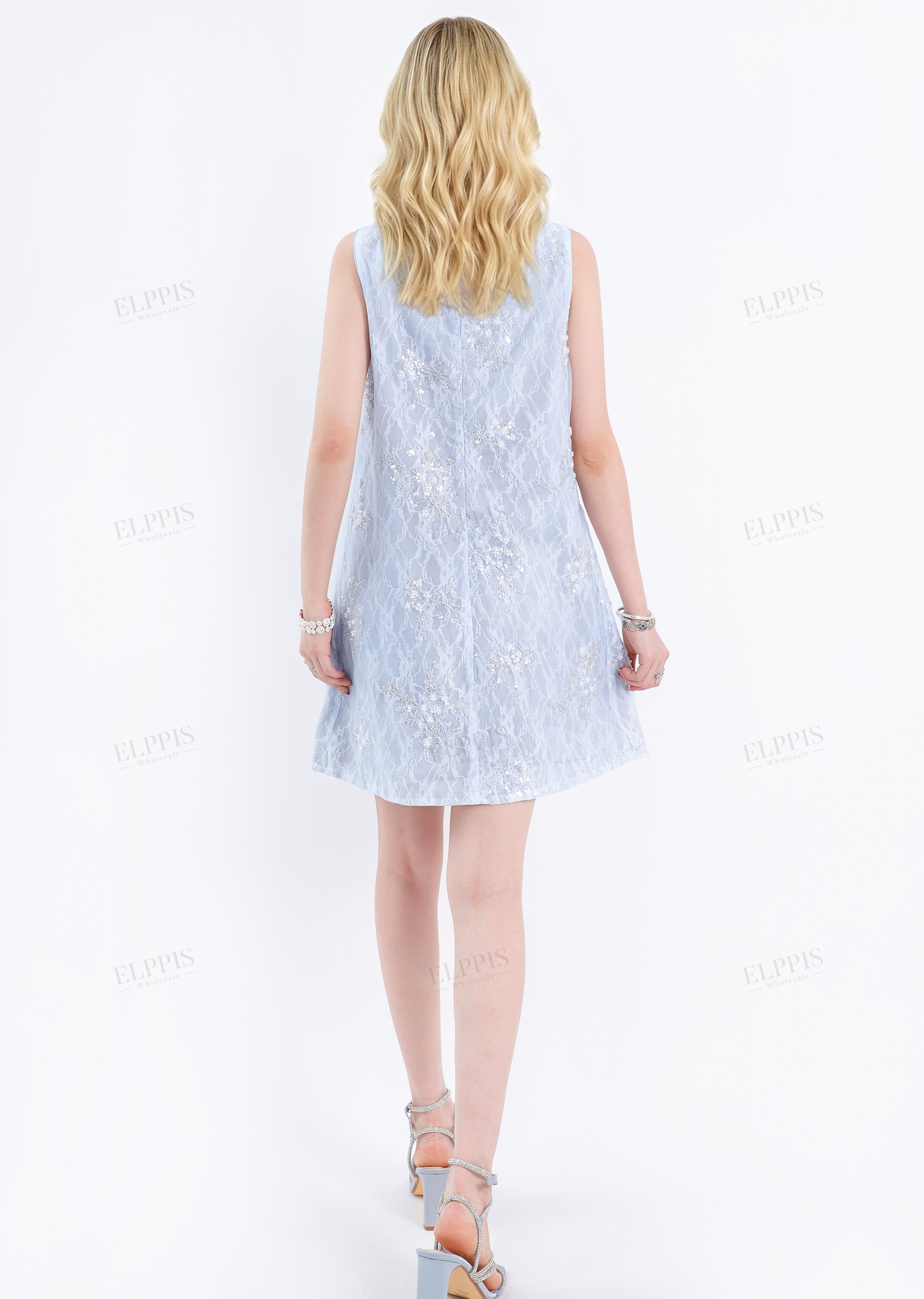 Light Blue Beaded Lace Sleeveless Mini Dress