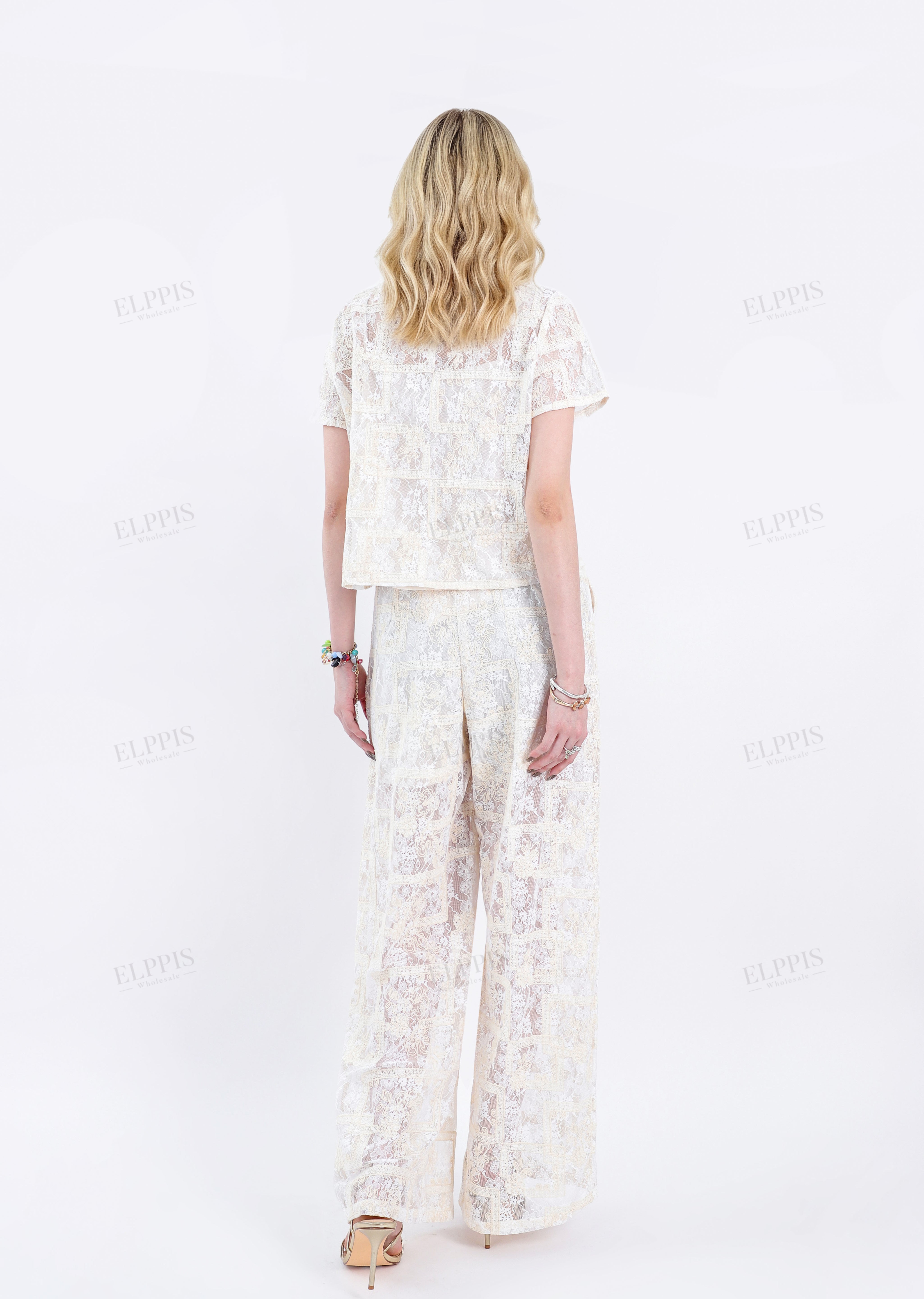 Cream Lace Wide-Leg Pants