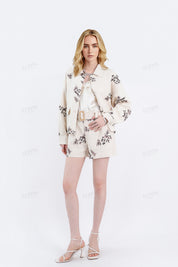 Beige Linen-Cotton Floral Embroidered High-Waisted Shorts
