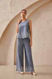 Gray Woven Sleeveless Top with White Eyelet Embroidery Hem
