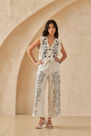 Beige Cotton-Linen Blend Floral Embroidery Wide-Leg Pants