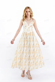 Cream & Yellow Floral Spaghetti Strap Midi Dress