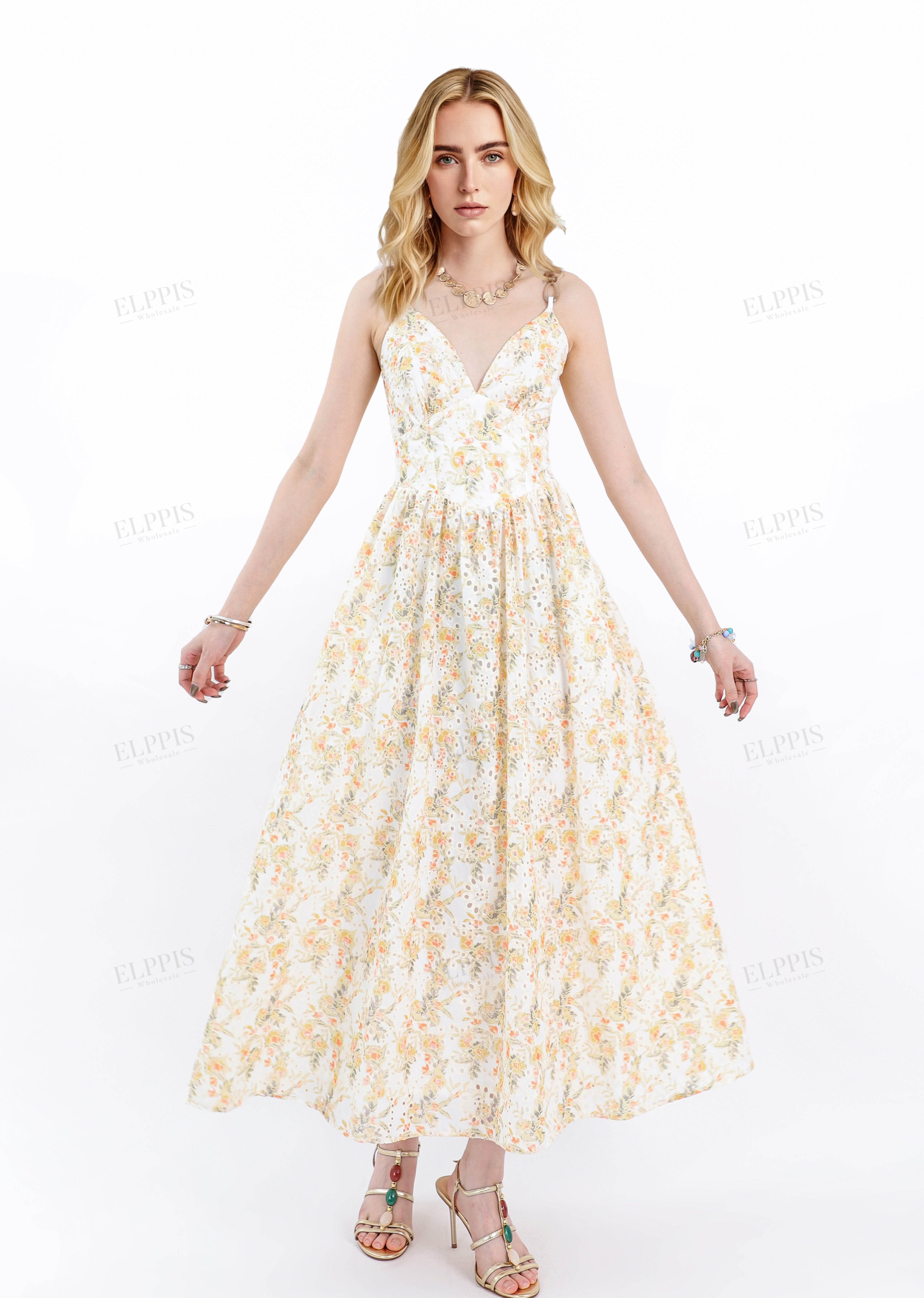 Cream & Yellow Floral Spaghetti Strap Midi Dress