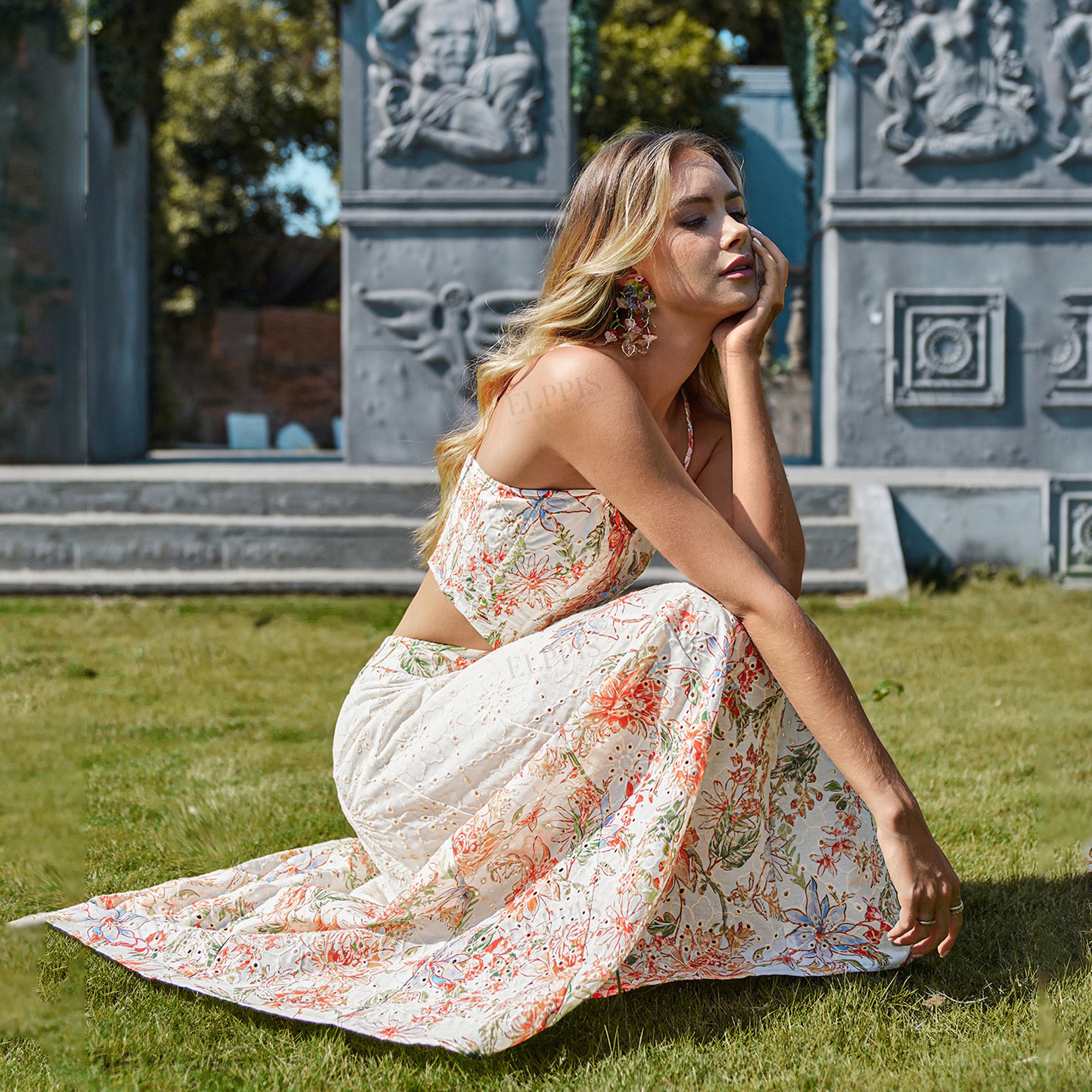 Lace hollow-out embroidered printed skirt