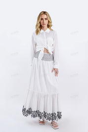 White Maxi Skirt with Black Geometric & Floral Embroidery