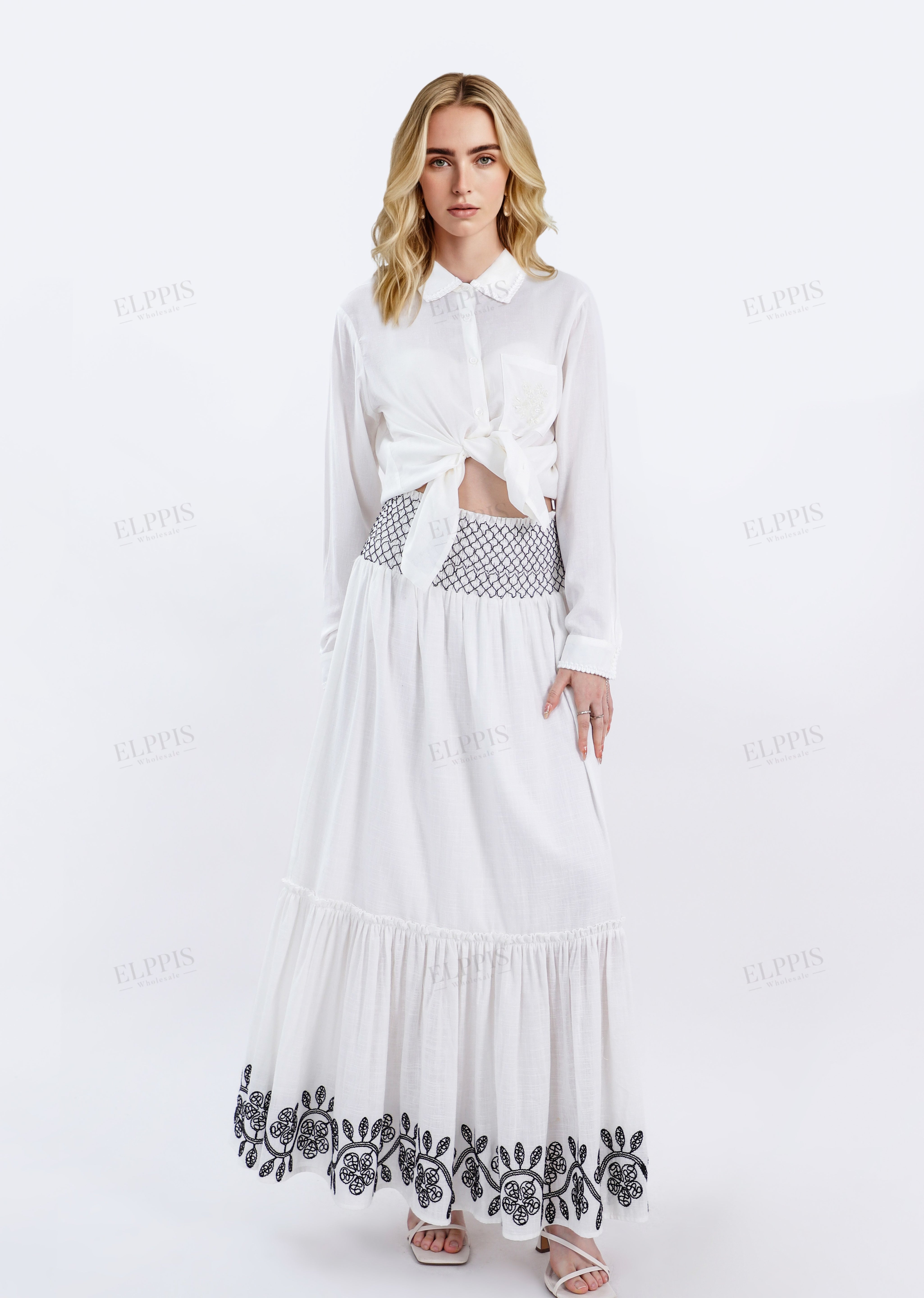 White Maxi Skirt with Black Geometric & Floral Embroidery