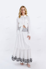 White Maxi Skirt with Black Geometric & Floral Embroidery