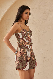 Ivory Multi-Tone Ornate Pattern High-Waist Shorts with Buckle Belt