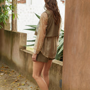 Color-block sequin embroidered H-line cotton-linen vest