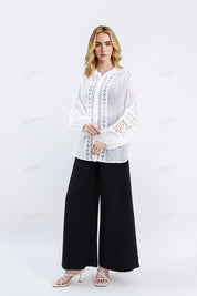 White Sheer Shirt with Intricate Crochet Lace Panels