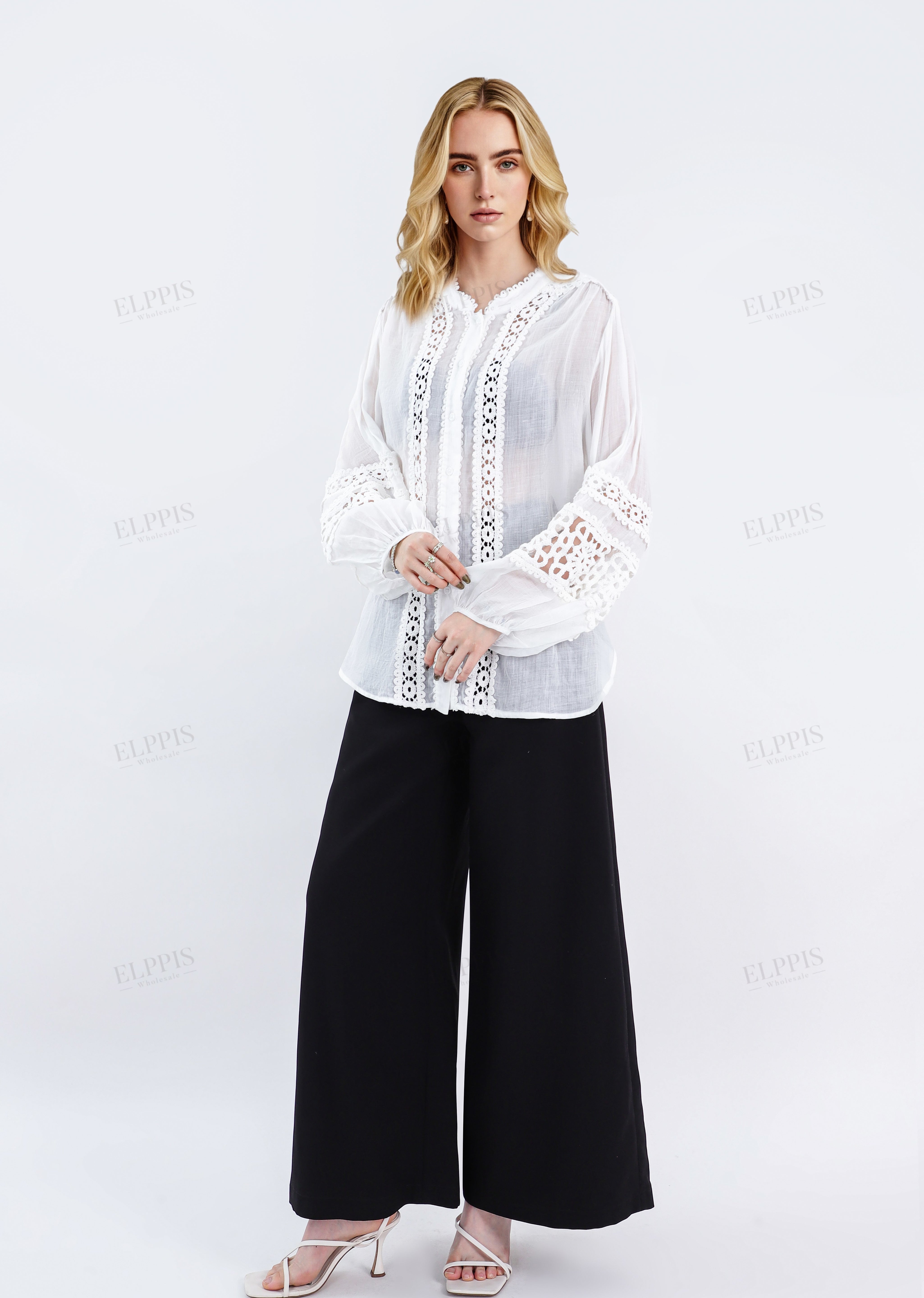 White Sheer Shirt with Intricate Crochet Lace Panels