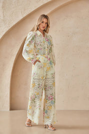 Cream Floral Print Eyelet Cropped Blouse with Bishop Sleeves
